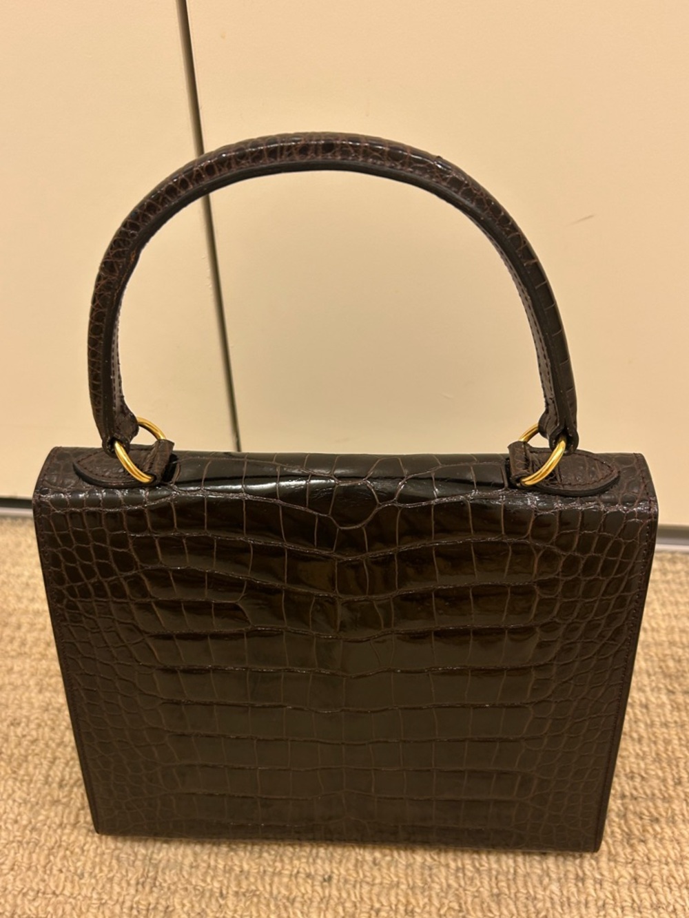 Vtg Celine logo ring dark brown Croc-Embossed exotic skin Top Handle Bag purse - Picture 5 of 16